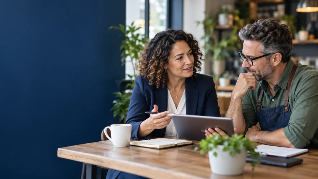 Business consultant and owner reviewing a tablet together
