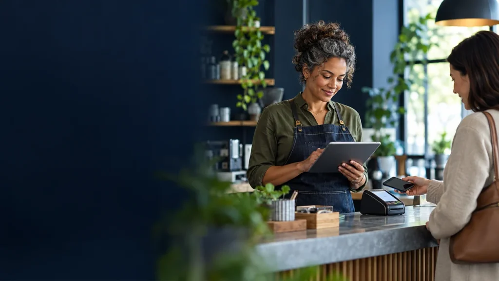 Customer making a contactless payment at a shop counter