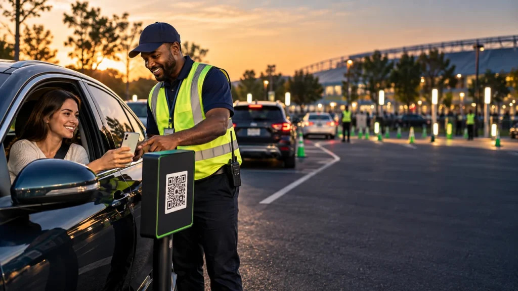 Parking attendant helping a driver pay with a smartphone